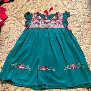 Little girl embroidered Mexican dress, teal